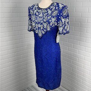 Stenay Dress Women 8 Blue Silver Paisley‎ All Over Embellish Silk Formal VTG NWT